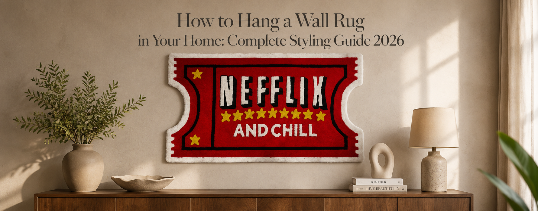 Movie ticket-shaped tufted wall rug hung above a console table, styled as home decor for living room wall.