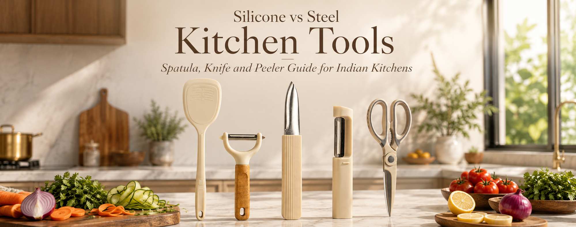 Silicone and steel kitchen tools including spatula, peeler, knife and kitchen scissors on marble countertop.