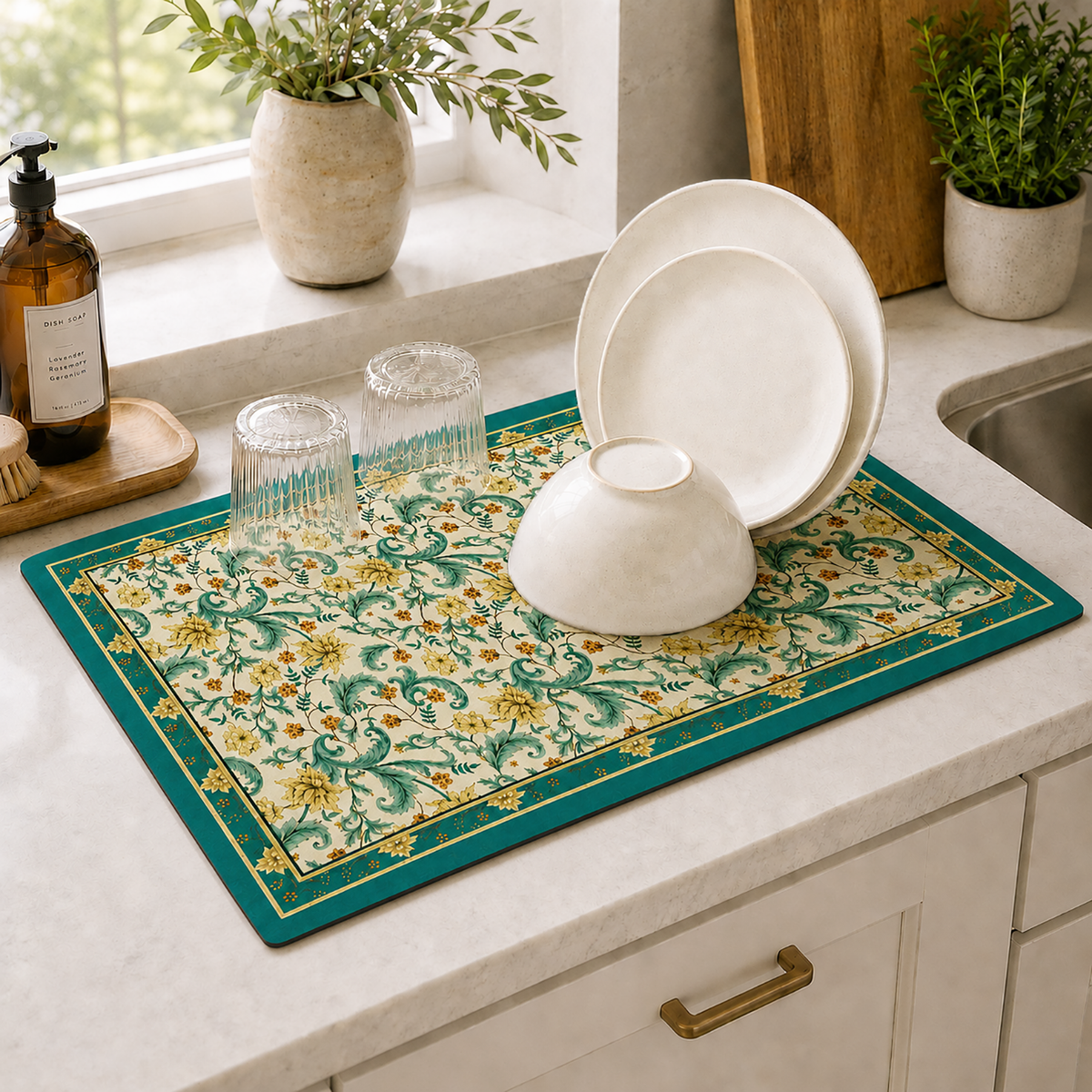 Kitchen Dish Drying Mat | Green Vintage Floral Print | 35x55 cm