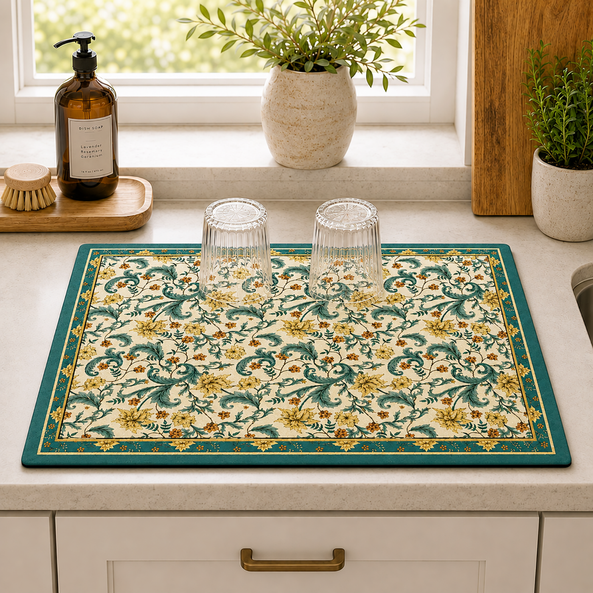 Kitchen Dish Drying Mat | Green Vintage Floral Print | 35x55 cm