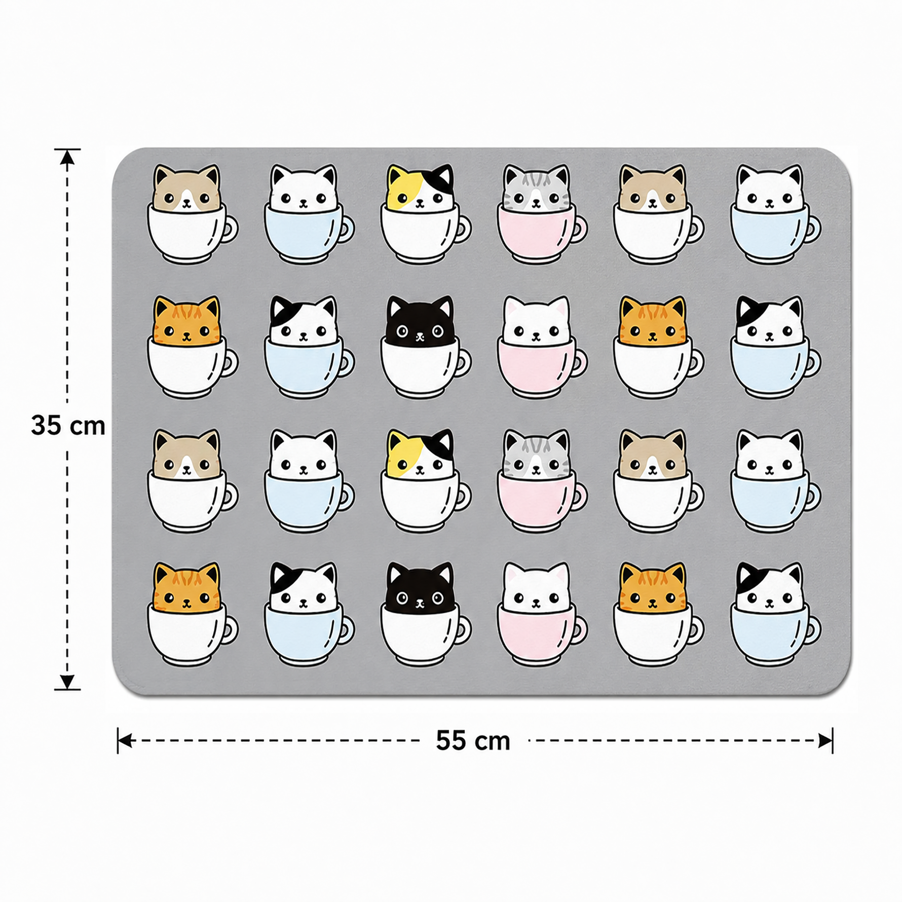 Kitchen Dish Drying Mat | Cute Cat Cup Print | 35x55 cm