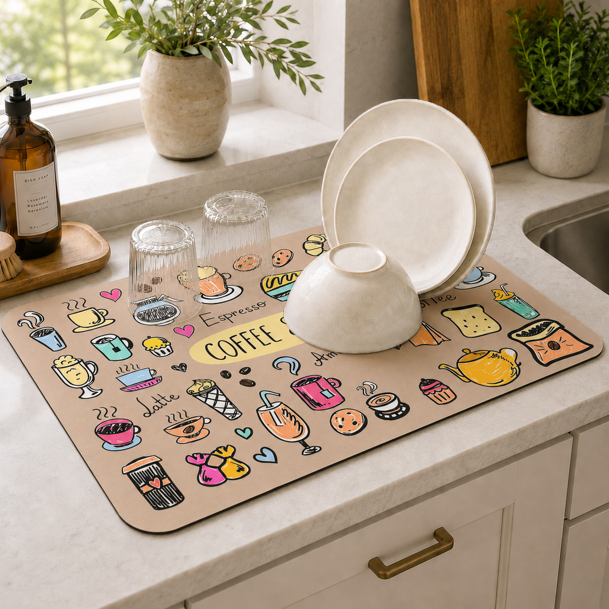 Kitchen Dish Drying Mat | Coffee & Tea Print | 35x55 cm