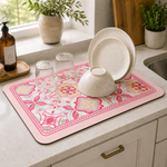 Kitchen Dish Drying Mat | Pink Floral Tile Print | 35x55 cm