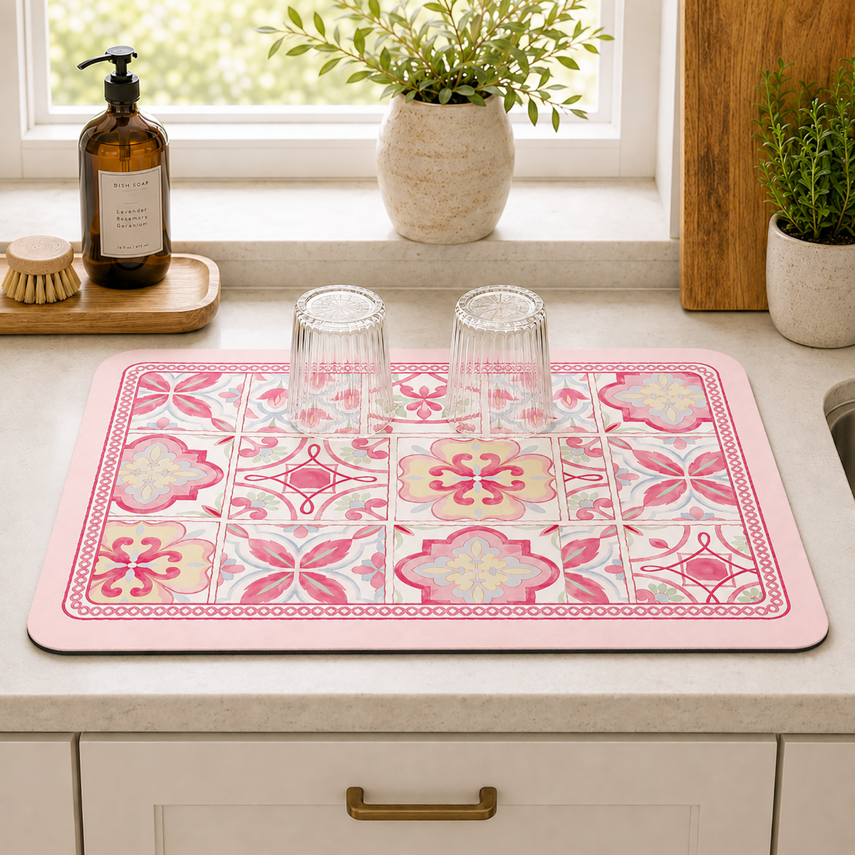 Kitchen Dish Drying Mat | Pink Floral Tile Print | 35x55 cm