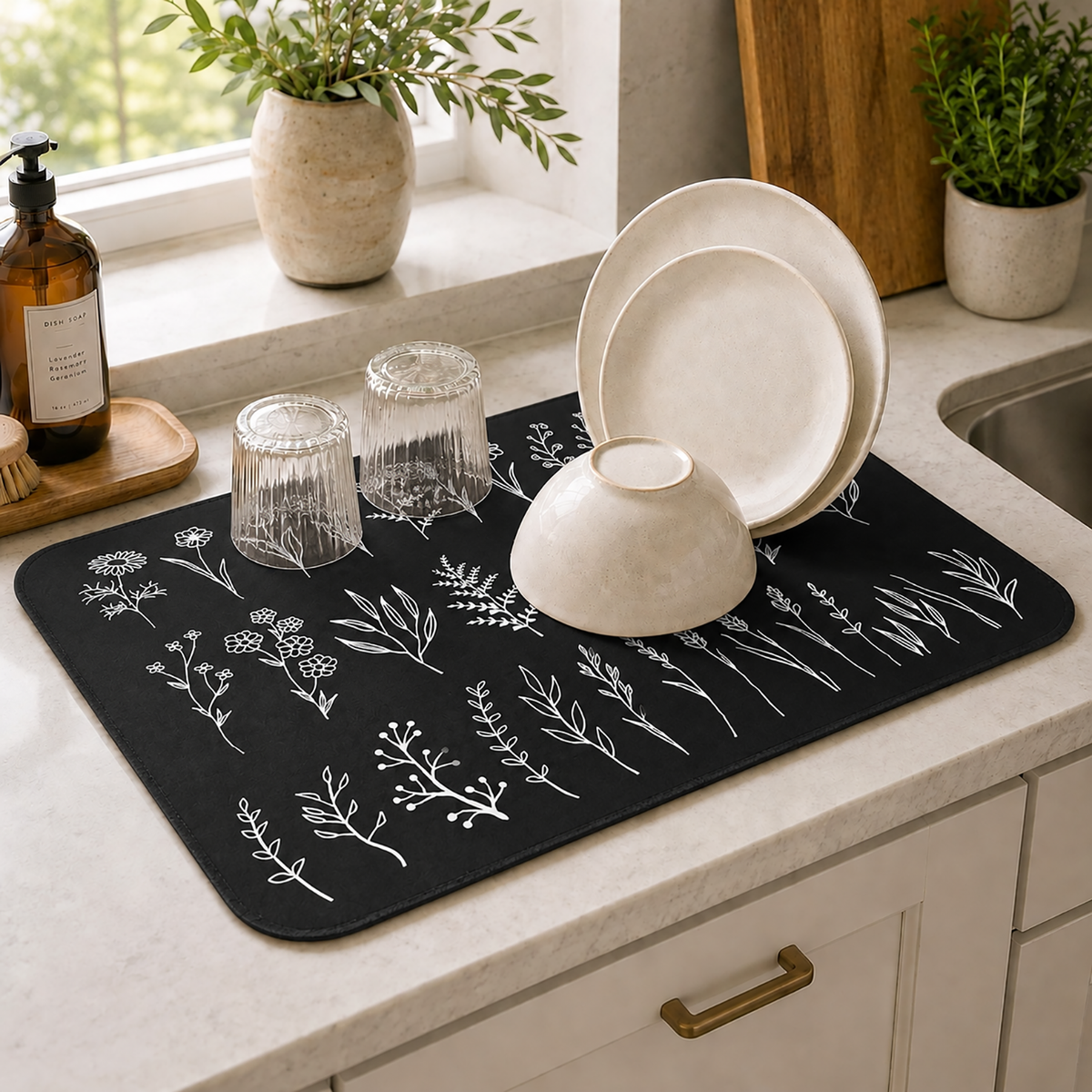 Kitchen Dish Drying Mat | Black Botanical Line Art | 35x55 cm