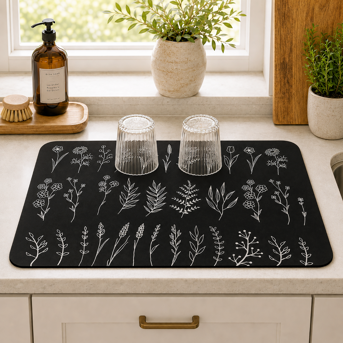 Kitchen Dish Drying Mat | Black Botanical Line Art | 35x55 cm