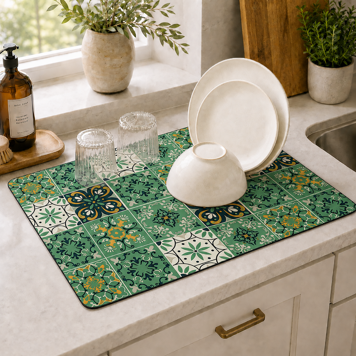 Kitchen Dish Drying Mat | Green Vintage Tile Print | 35x55 cm
