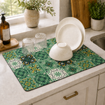 Kitchen Dish Drying Mat | Green Vintage Tile Print | 35x55 cm