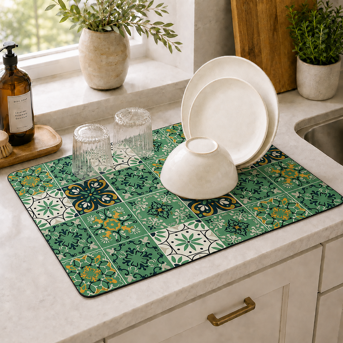 Kitchen Dish Drying Mat | Green Vintage Tile Print | 35x55 cm