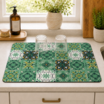 Kitchen Dish Drying Mat | Green Vintage Tile Print | 35x55 cm