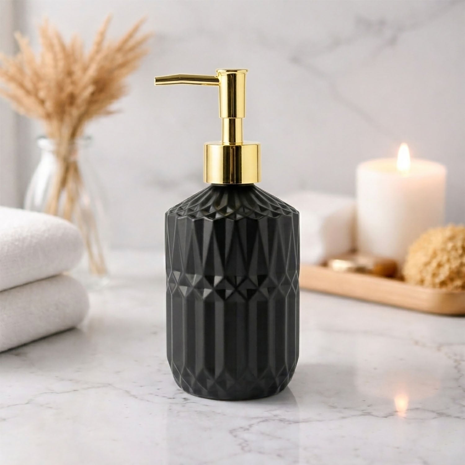 Geometric Texture Pattern Glass Soap Dispenser For Bathroom And Kitchen Sink ( 19x7.5 cm Black )