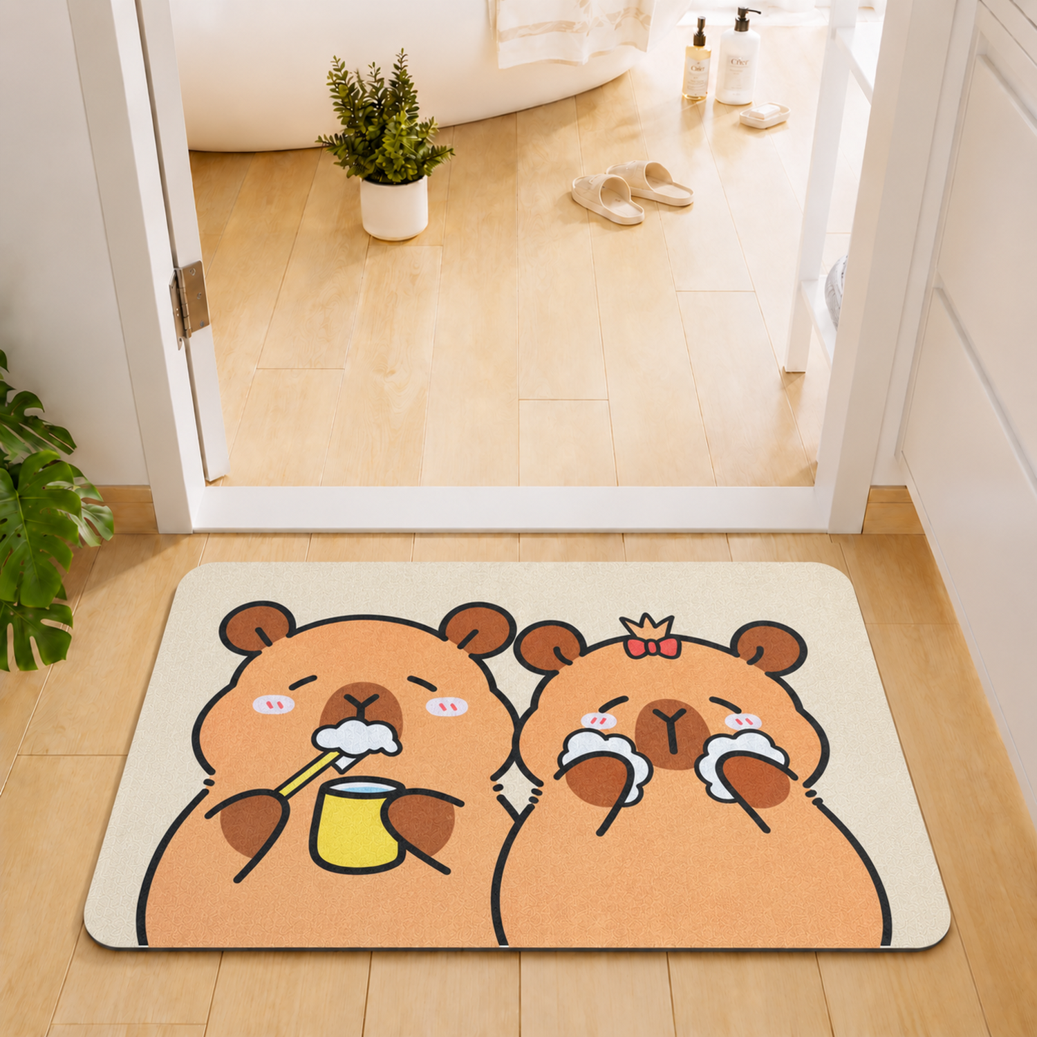 Rubber Bath Mat Anti Slip Quick Drying Soft Bear Self Care ( Beige, 40x60 cm )