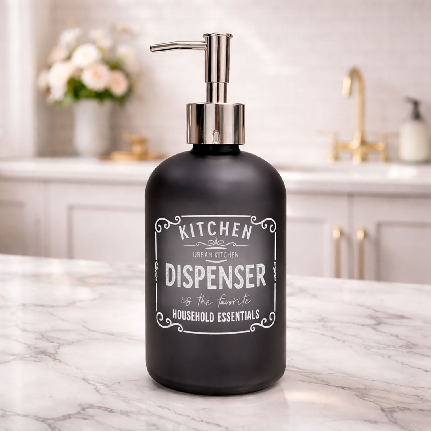 Kitchen Dispenser Print Glass Soap Dispenser For Bathroom And Kitchen Sink Leak ( 19.5x7.5 cm Black )