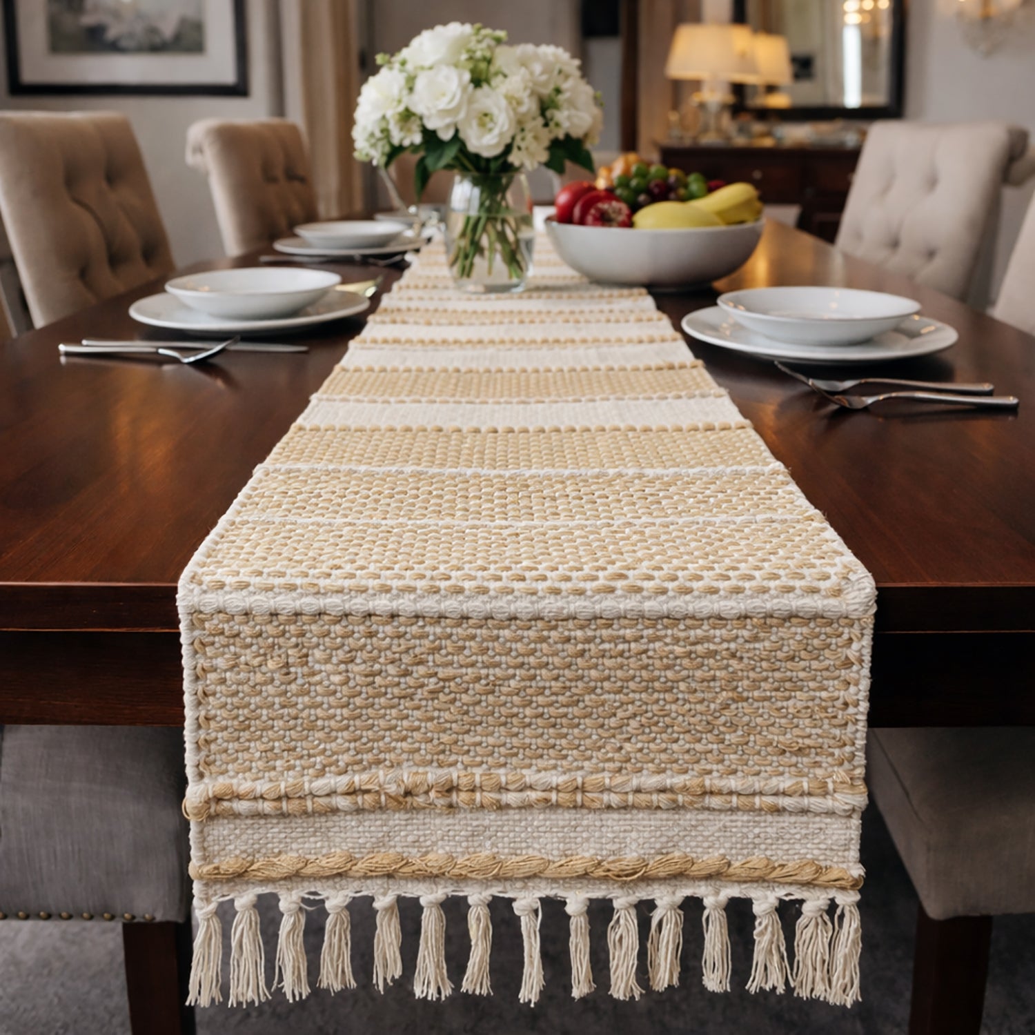 Table Runner with Tassels - Cotton 13.5 x 77 Inch, Rustica