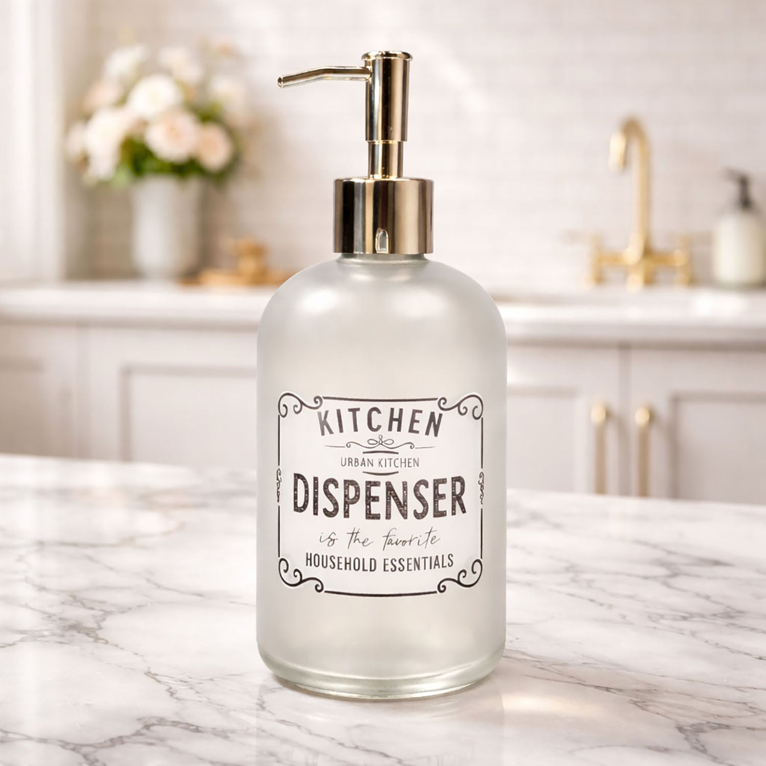 Kitchen Dispenser Print Glass Soap Dispenser For Bathroom And Kitchen Sink Leak ( 19.5x7.5 cm White )