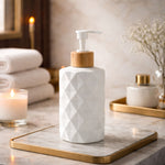 Faceted Pattern Glass Soap Dispenser For Bathroom And Kitchen Sink ( 17.5x7.5 cm White)