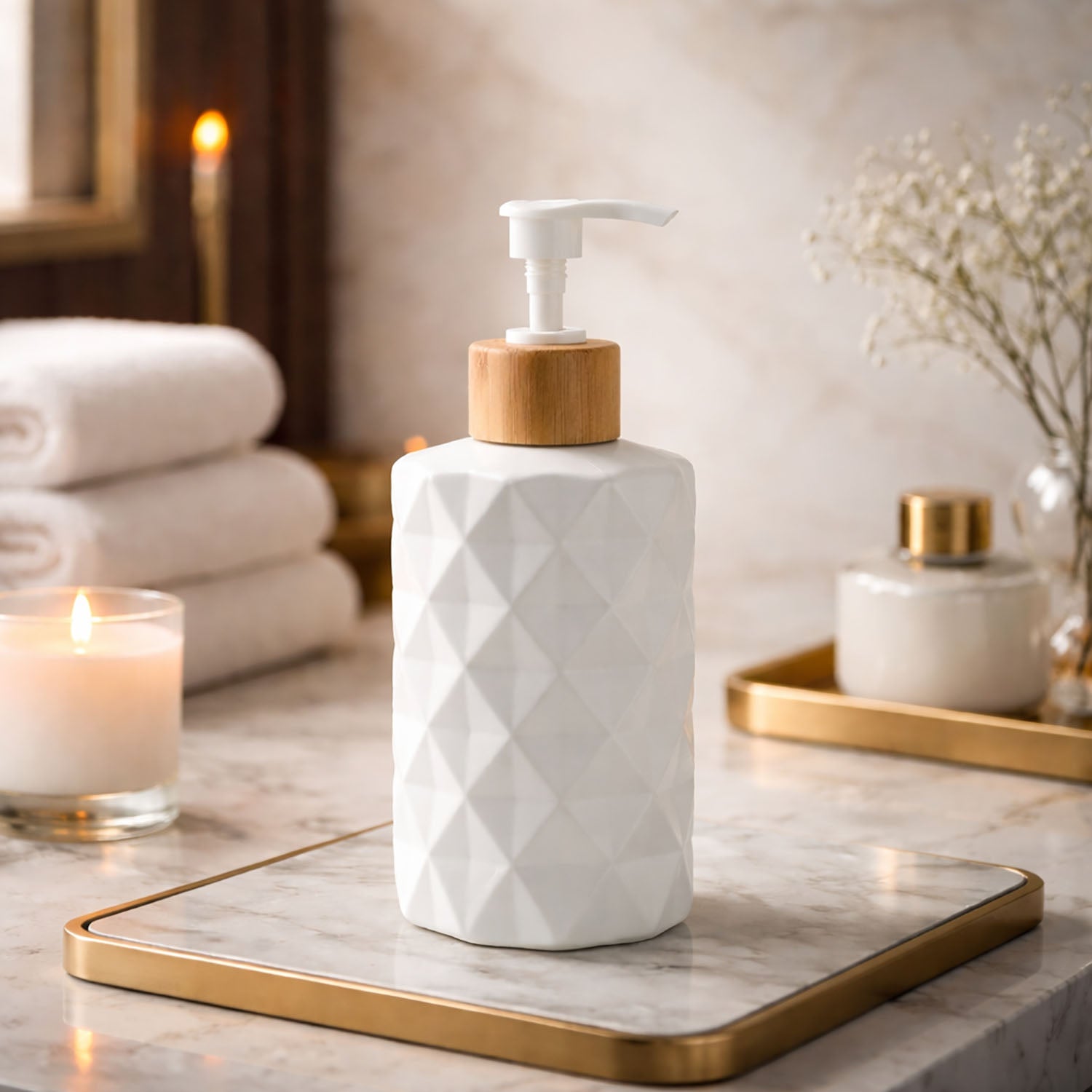 Faceted Pattern Glass Soap Dispenser For Bathroom And Kitchen Sink ( 17.5x7.5 cm White)