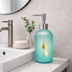 Flower Print Glass Soap Dispenser For Bathroom And Kitchen Sink ( 19.5x7.5 cm Sky )