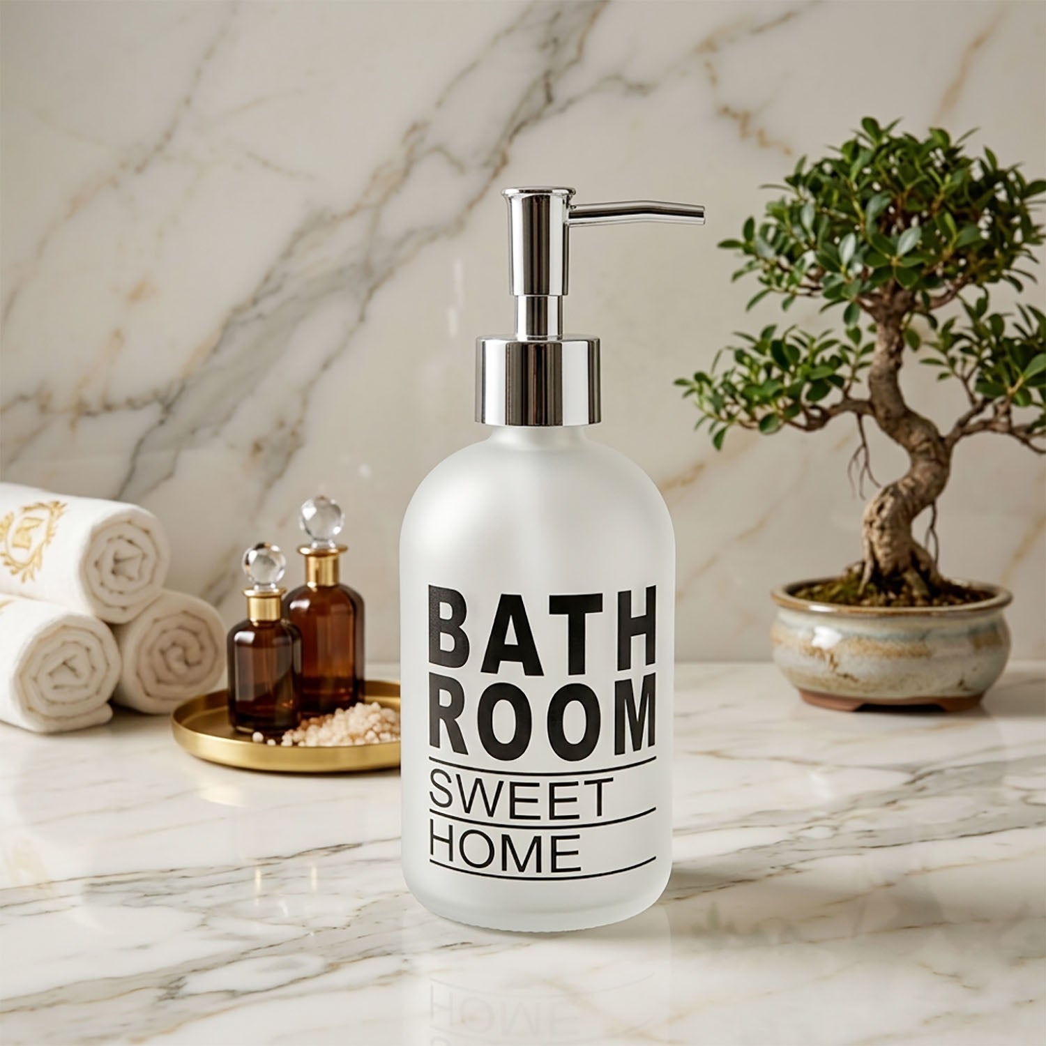 Bathroom Sweet Home Print Glass Soap Dispenser For Bathroom And Kitchen Sink ( 19.5x7.5 cm White )