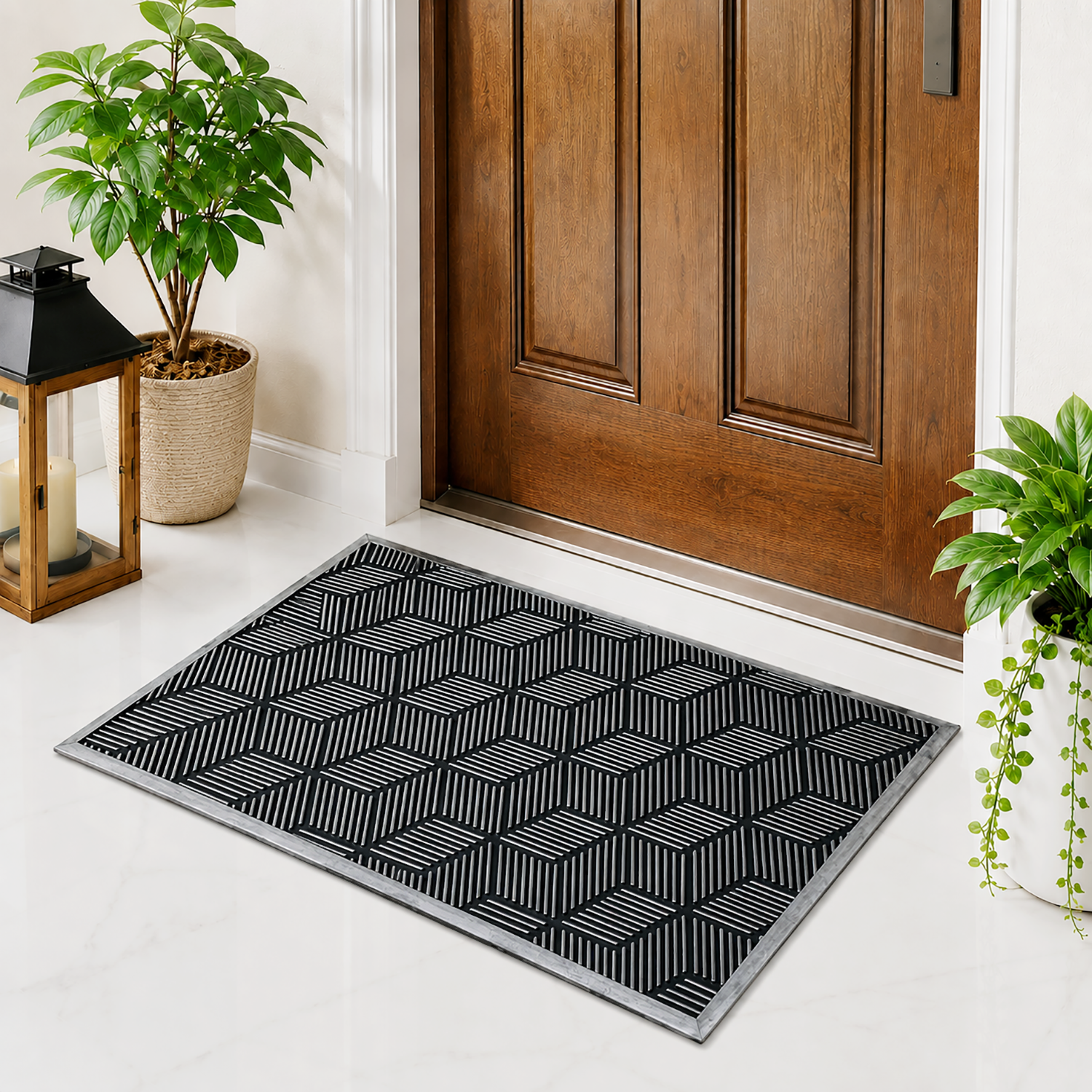 Rubber Door Mat Geometric Textured ( 45x75 cm Silver )
