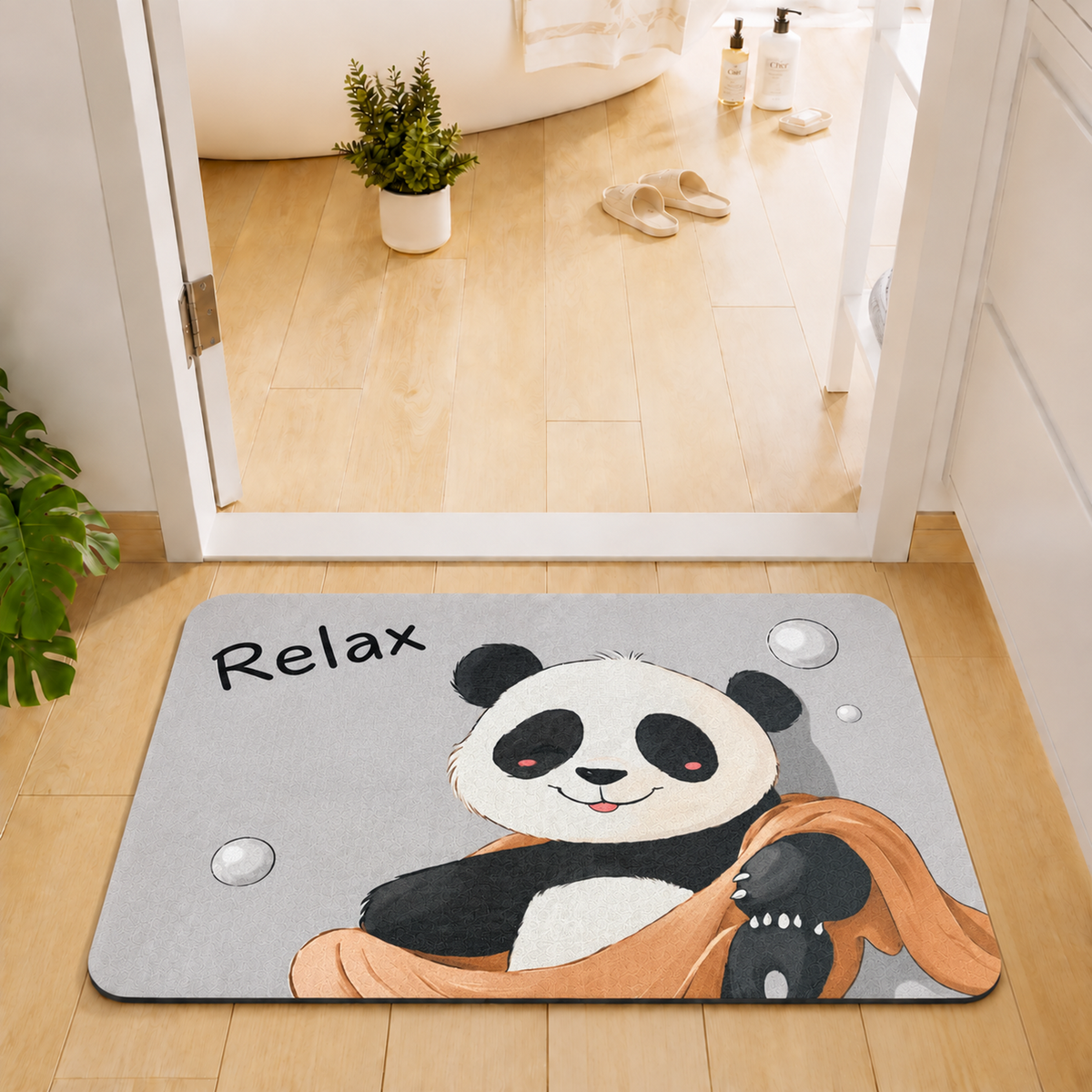 Rubber Bath Mat Anti Slip Quick Drying Soft Relaxing Panda ( Grey, 40x60 cm )