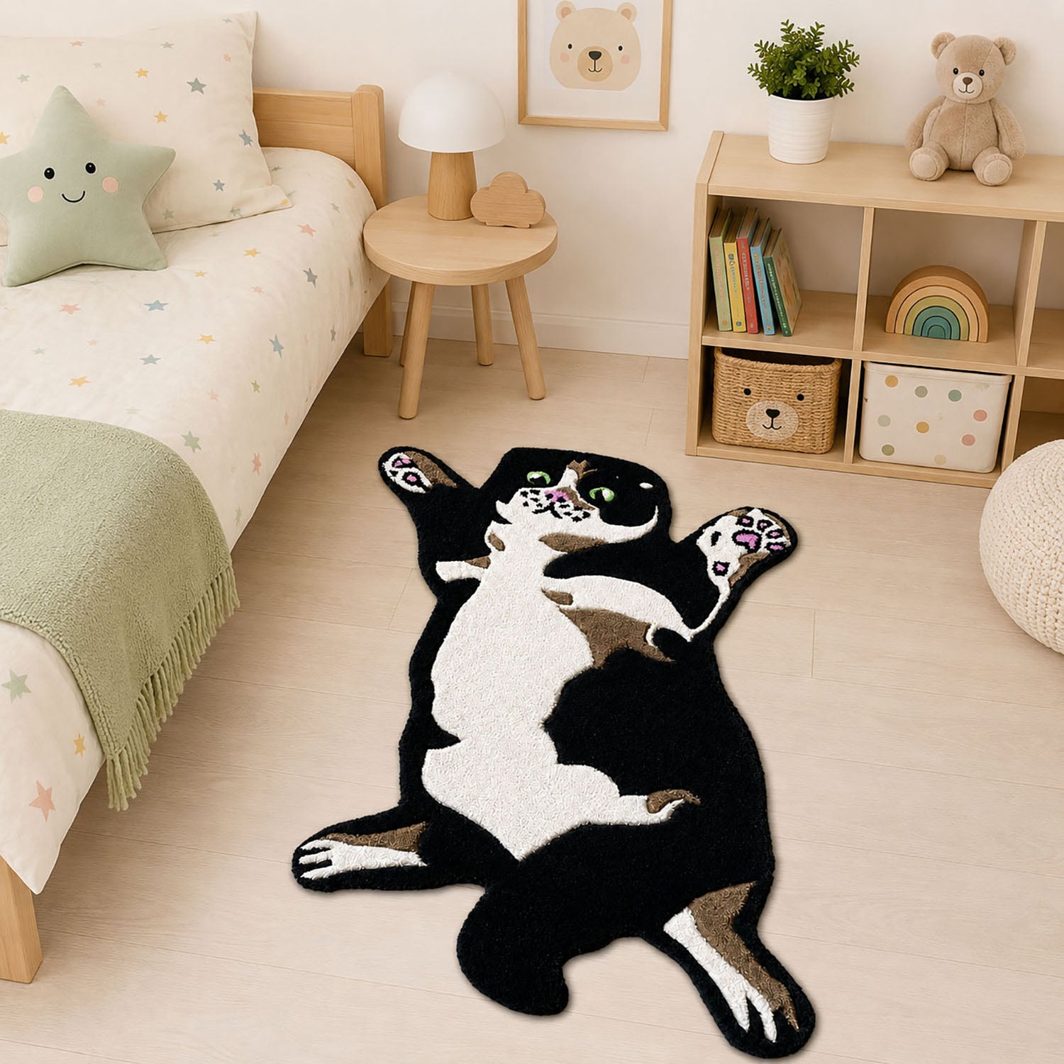 Cat-Shaped Tufted Wool Rug Premium Unique Floor Mat for Living Room Bedroom & Wall Decor (99x66 cm, Black )