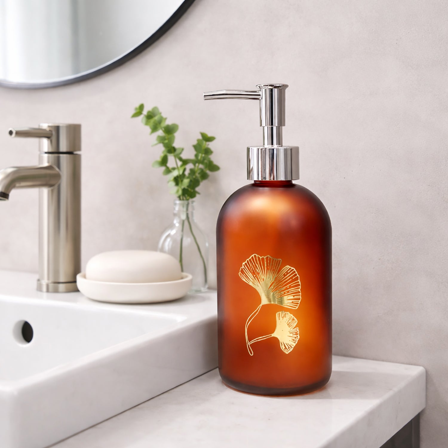 Flower Print Glass Soap Dispenser For Bathroom And Kitchen Sink ( 19.5x7.5 cm Red Brown )