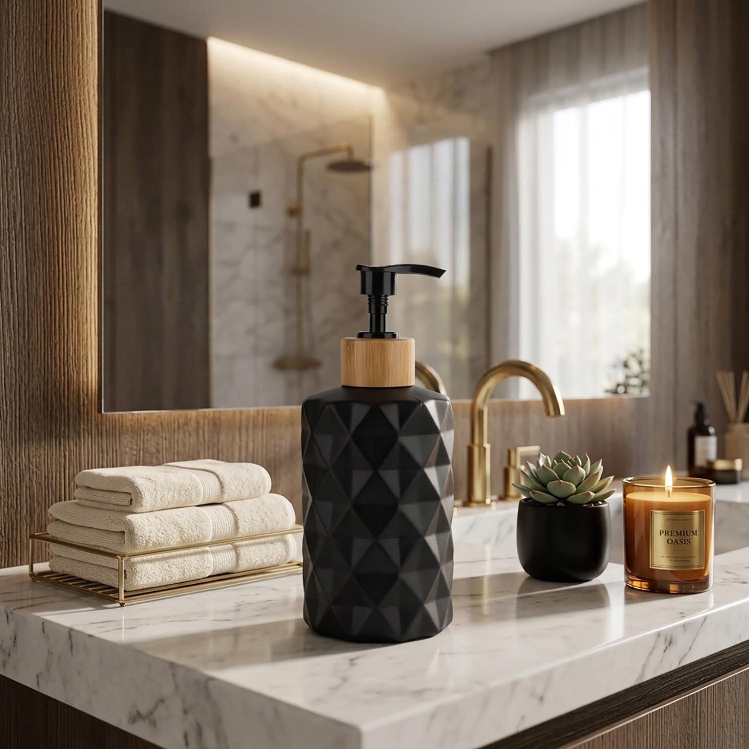 Faceted Pattern Glass Soap Dispenser For Bathroom And Kitchen Sink ( 17.5x7.5 cm Black )