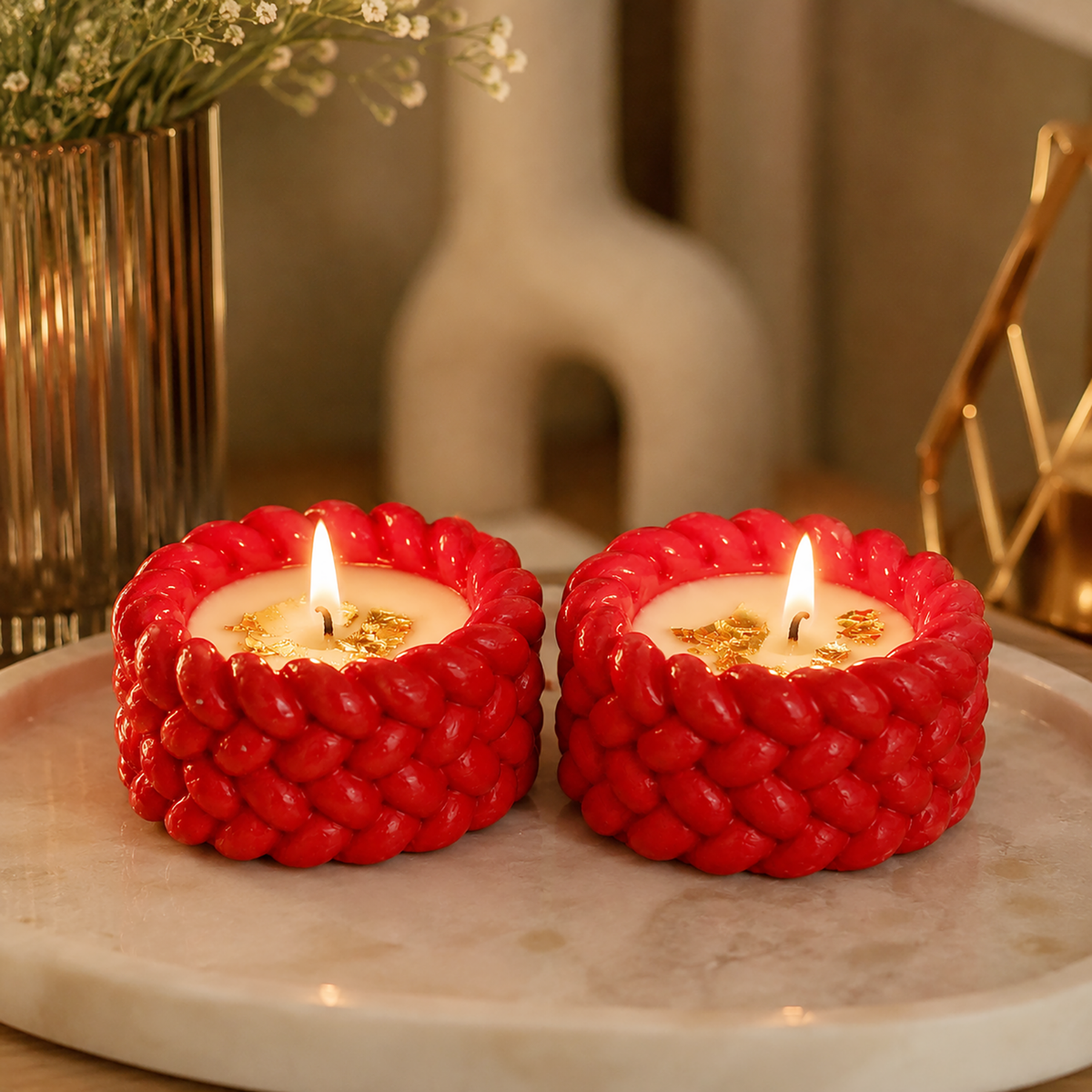 Soy Wax Decorative Scented Candle With Gold Leaf Braided ( Red , 6 x 6 cm )