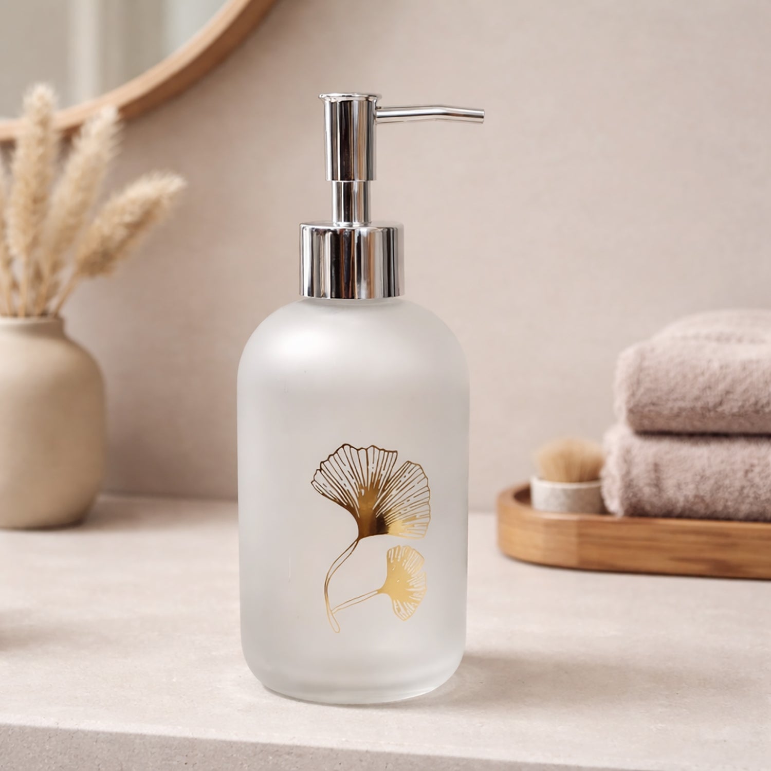 Flower Print Glass Soap Dispenser For Bathroom And Kitchen Sink ( 19.5x7.5 cm White )
