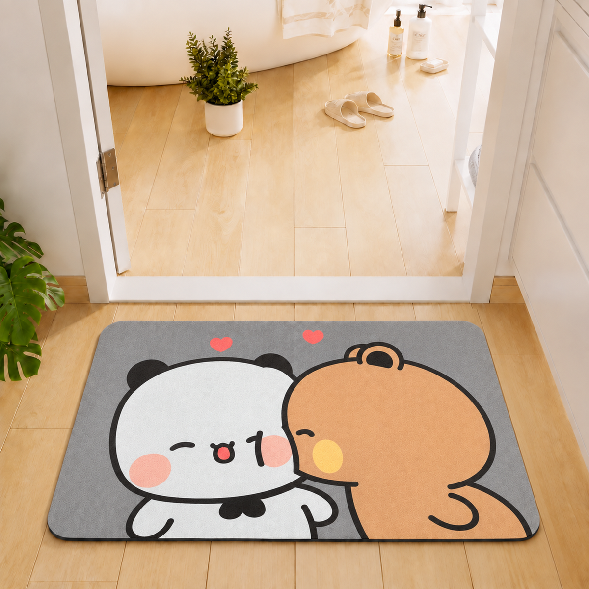 Rubber Bath Mat Anti Slip Quick Drying Soft Panda Bear Love ( Grey, 40x60 cm )