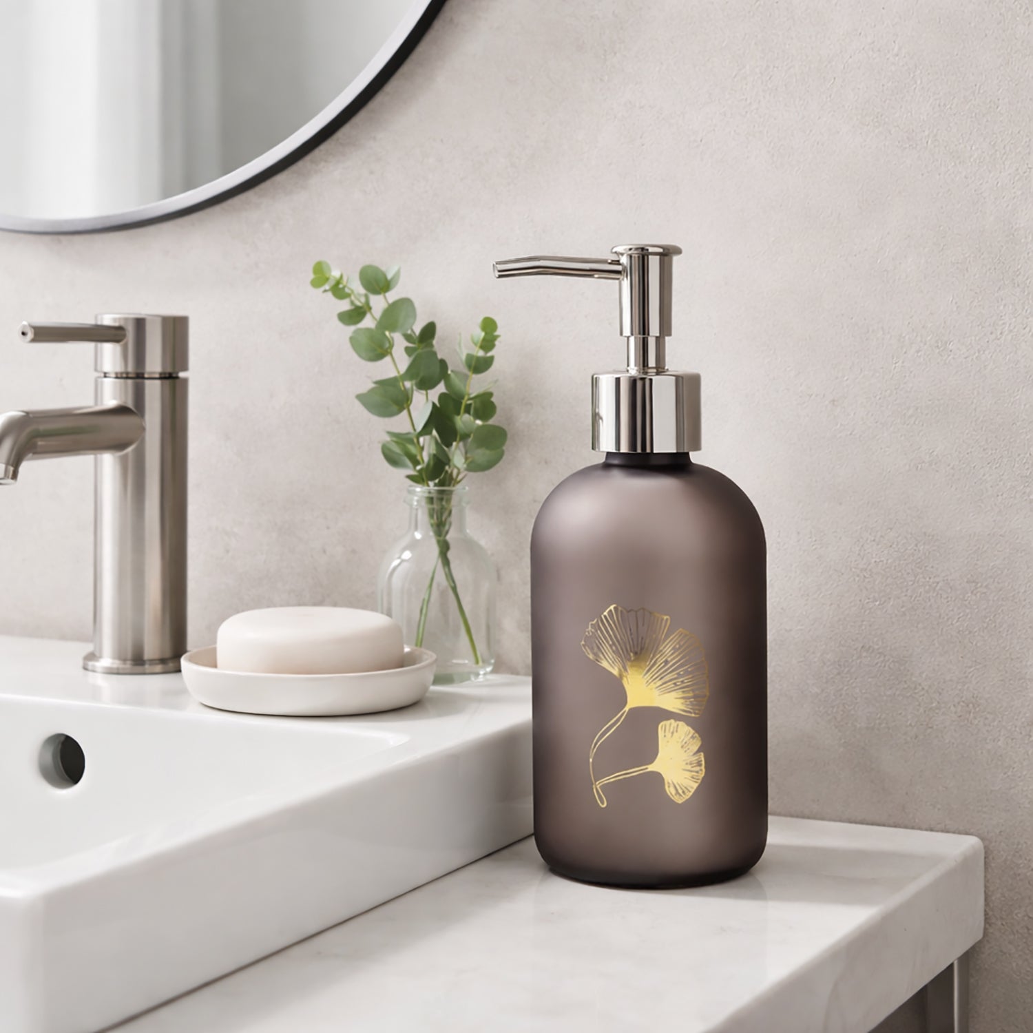 Flower Print Glass Soap Dispenser For Bathroom And Kitchen Sink ( 19.5x7.5 cm Brown )