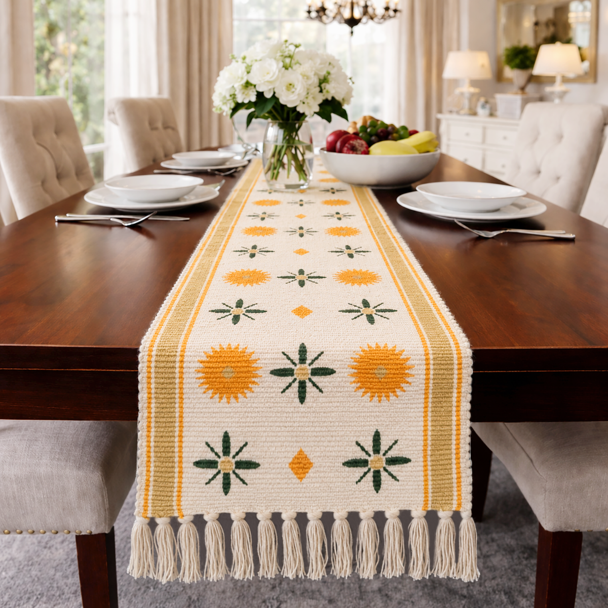Table Runner with Tassels - Cotton 13.5 x 51 Inch, Sunburst Flower