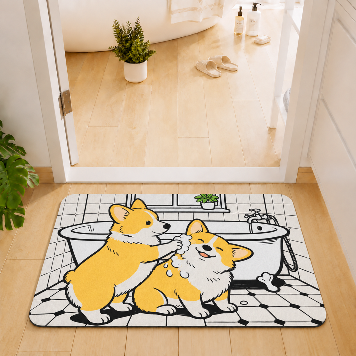 Rubber Bath Mat Anti Slip Quick Drying Soft Corgi Spa ( White & Yellow, 40x60 cm )