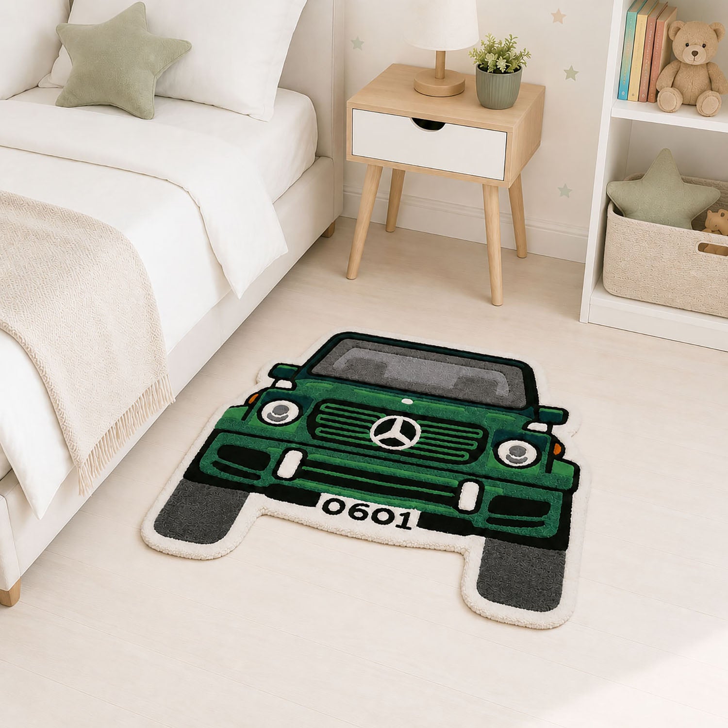 Car Shaped Tufted Wool Rug Floor Mat For Kids ( 63x68 cm , Green )
