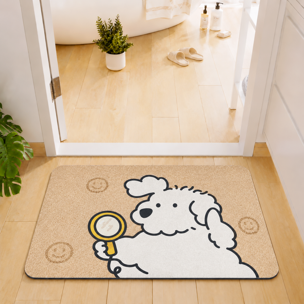 Rubber Bath Mat Anti Slip Quick Drying Soft Curious Puppy ( Beige, 40x60 cm )