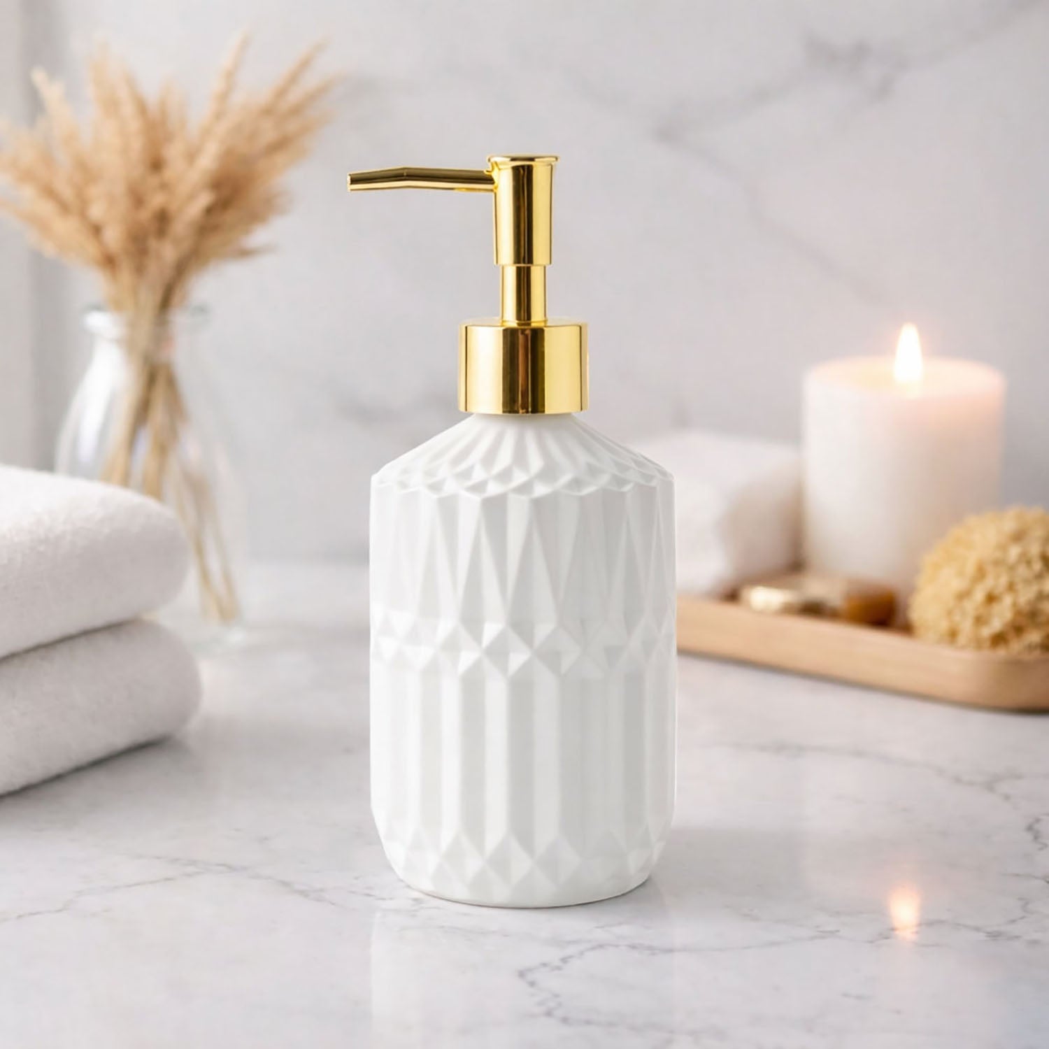 Geometric Texture Pattern Glass Soap Dispenser For Bathroom And Kitchen Sink Leak ( 19x7.5 cm White )