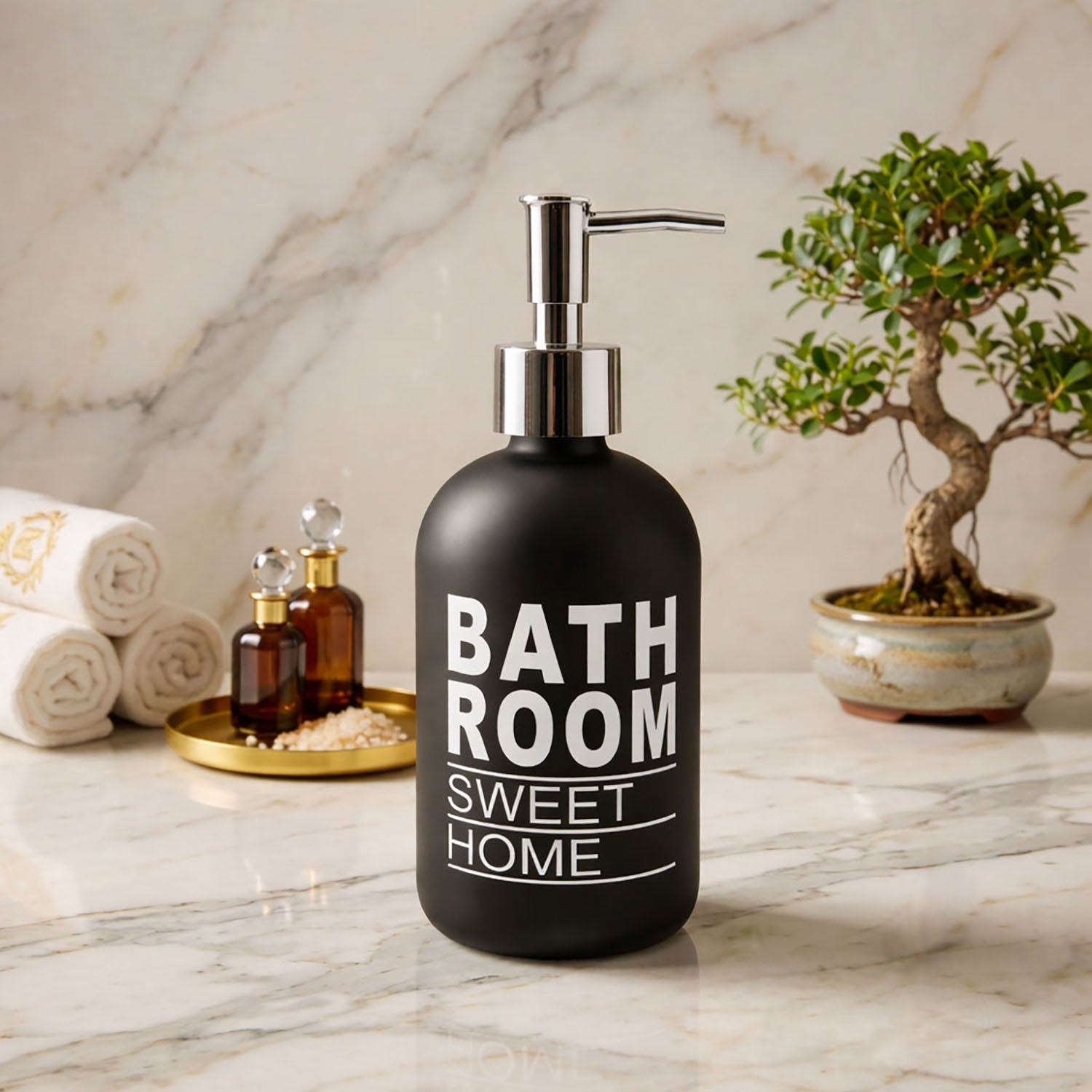Bathroom Sweet Home Print Glass Soap Dispenser For Bathroom And Kitchen Sink ( 19.5x7.5 cm Black )