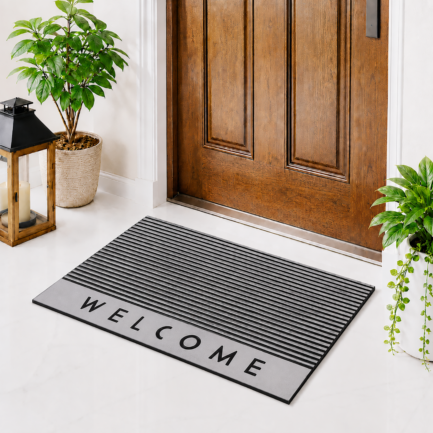 Rubber Door Mat Welcome Textured ( 45x75 cm Silver )