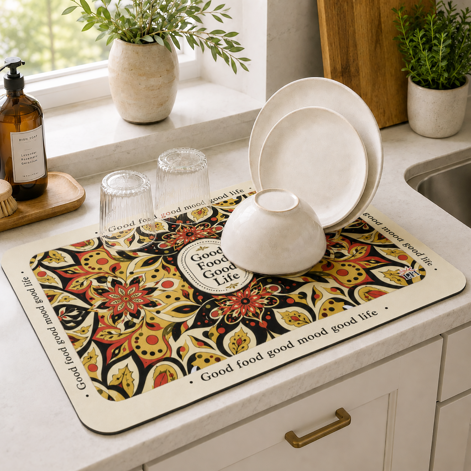 Kitchen Dish Drying Mat | Red Floral Mandala Print | 35x55 cm