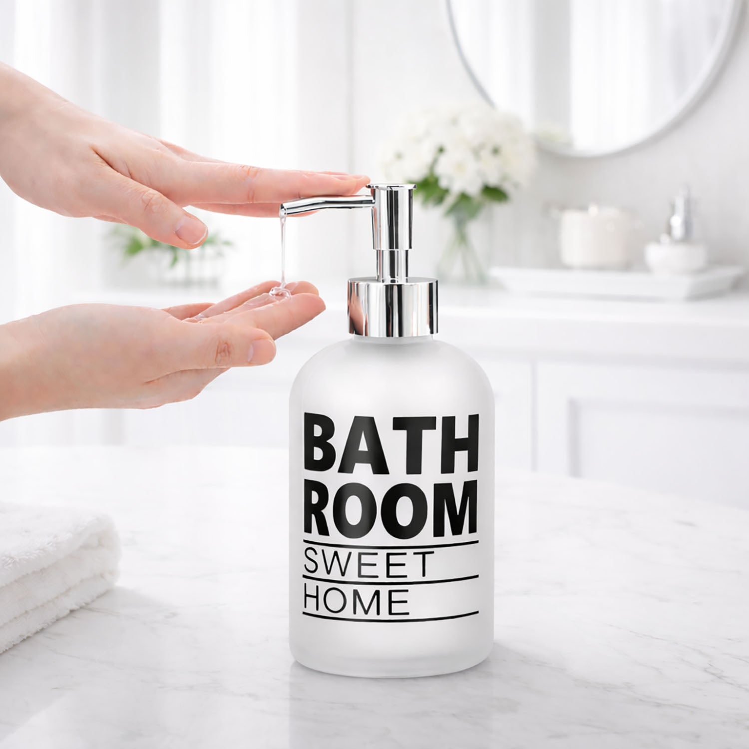 Bathroom Sweet Home Print Glass Soap Dispenser For Bathroom And Kitchen Sink ( 19.5x7.5 cm White )