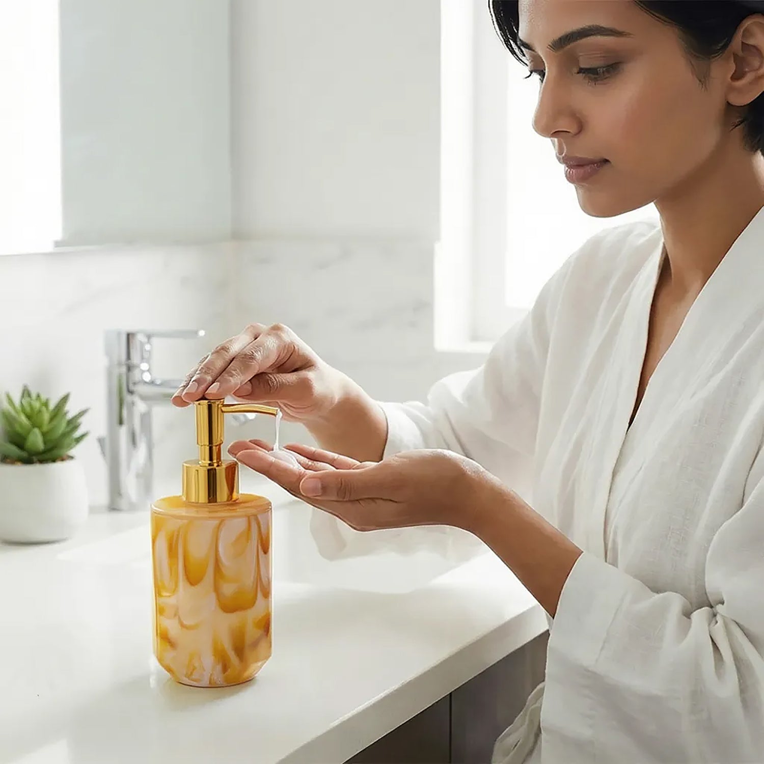 Marble Pattern Plastic Soap Dispenser For Bathroom And Kitchen Sink ( 17x8 cm Yellow )