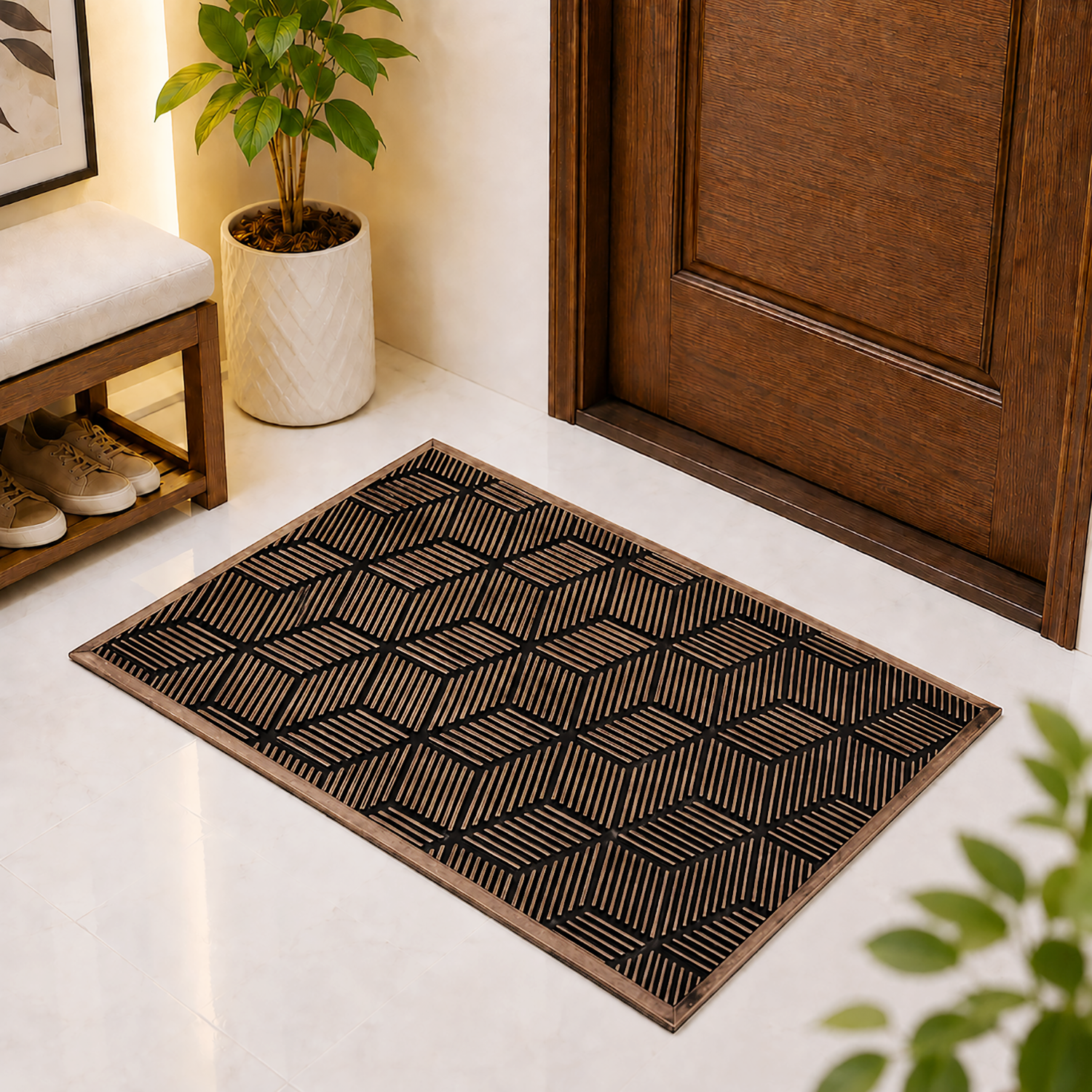 Rubber Door Mat Geometric Textured ( 45x75 cm Brown )