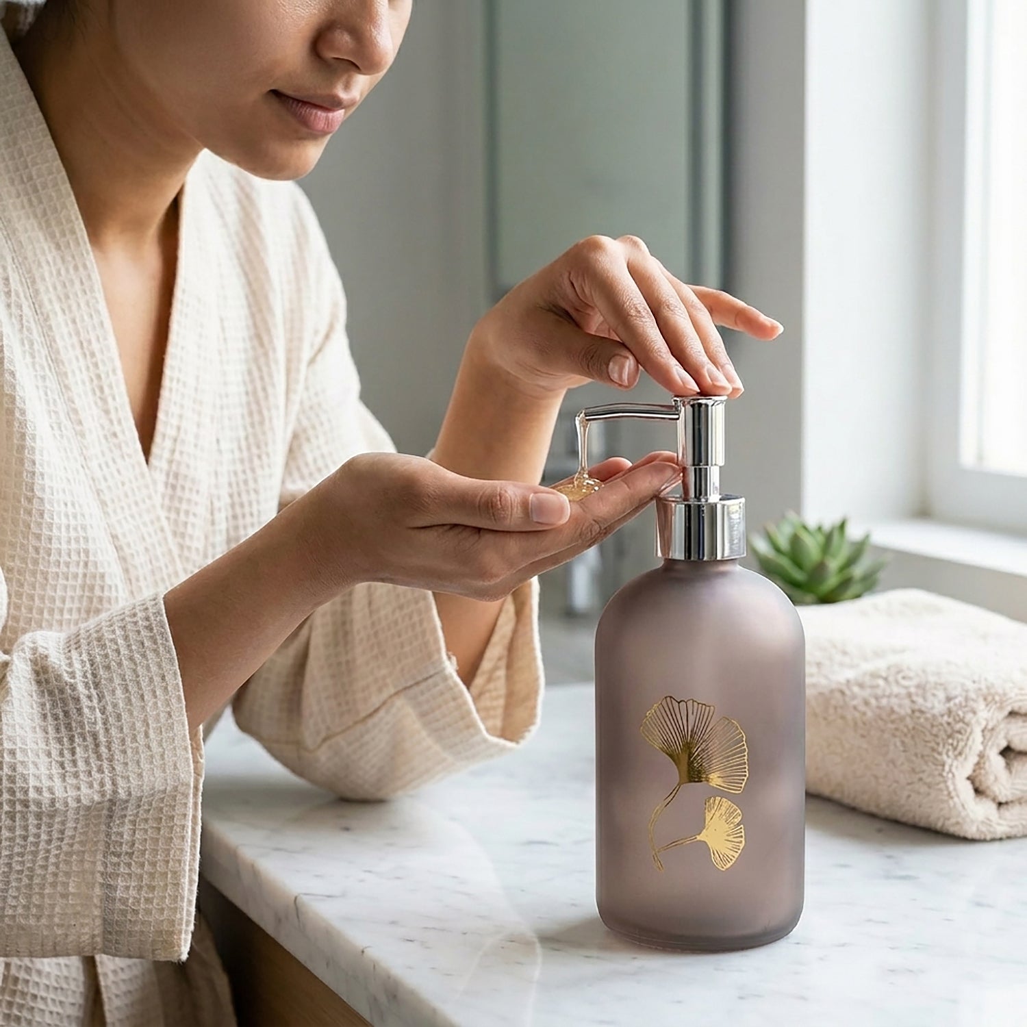 Flower Print Glass Soap Dispenser For Bathroom And Kitchen Sink ( 19.5x7.5 cm Brown )
