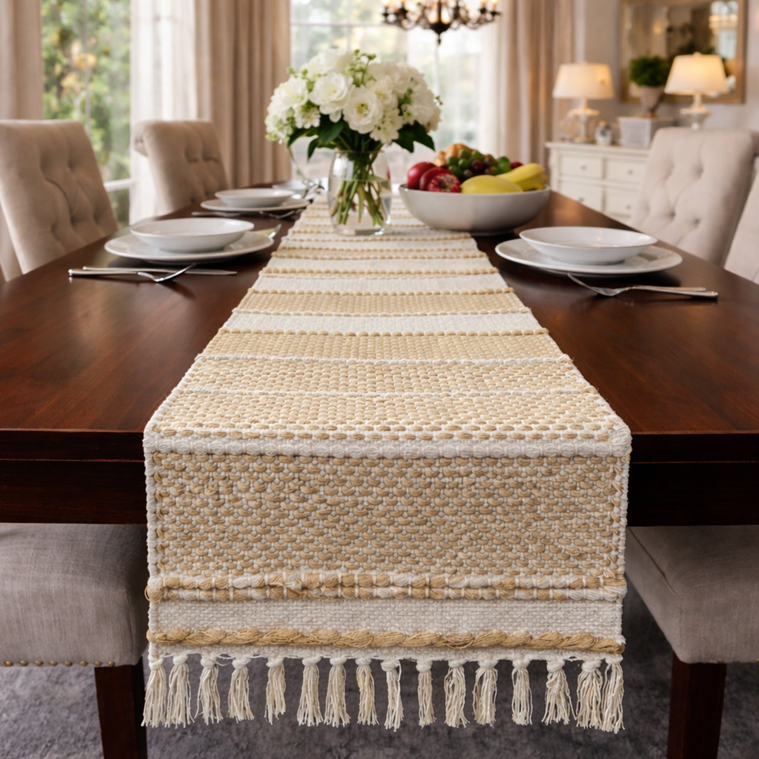 Table Runner with Tassels - Cotton 13.5 x 77 Inch, Rustica