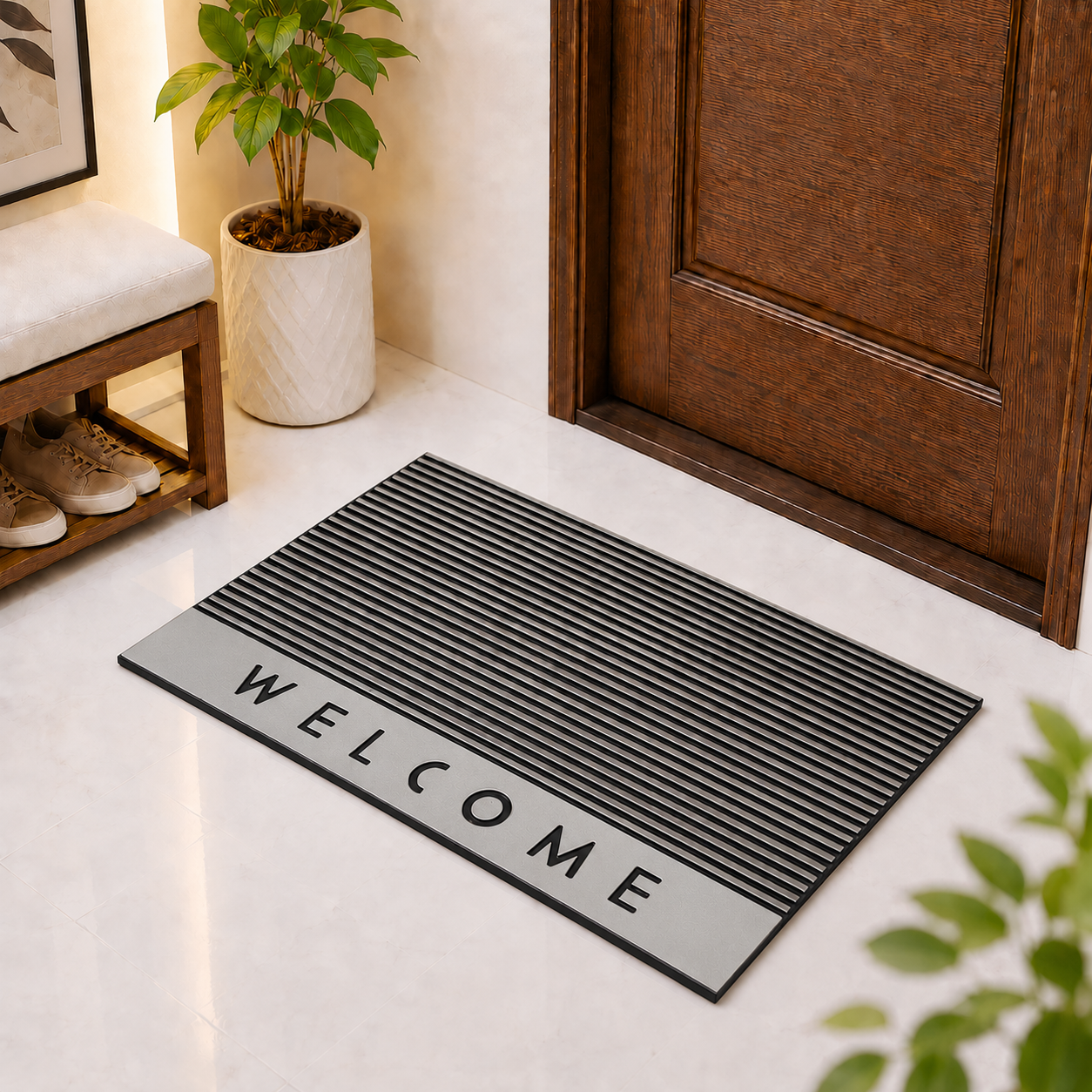 Rubber Door Mat Welcome Textured ( 45x75 cm Silver )