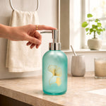 Flower Print Glass Soap Dispenser For Bathroom And Kitchen Sink ( 19.5x7.5 cm Sky )