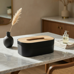 Plastic Tissue Dispenser with Wooden Grain (Black, 21.5x13x7.5 cm)