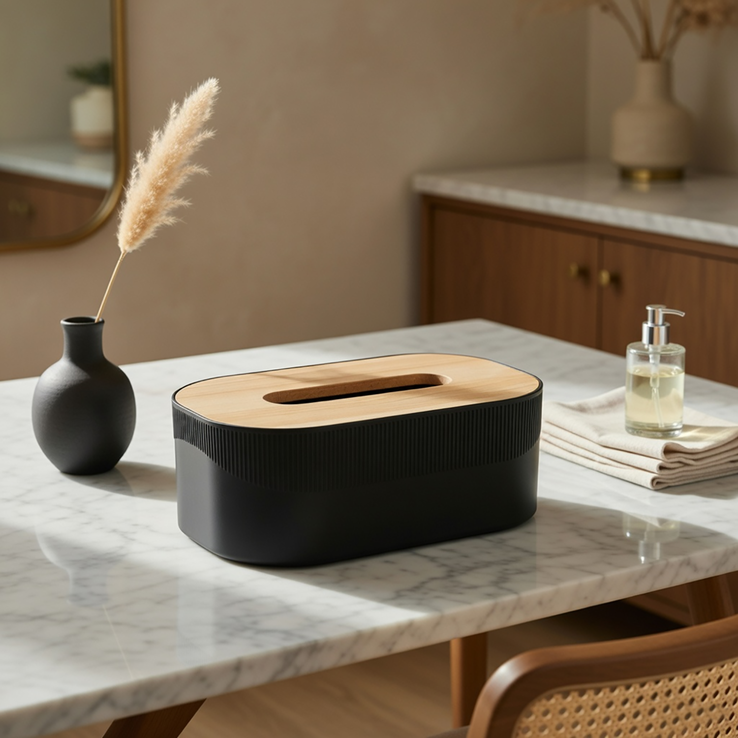 Plastic Tissue Dispenser with Wooden Grain (Black, 21.5x13x7.5 cm)