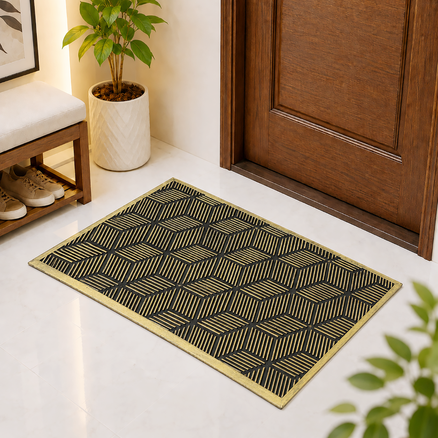 Rubber Door Mat Geometric Textured ( 45x75 cm Golden )